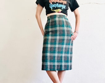 60s Plaid Wool Skirt, Small, Vintage 60s Green High Waisted Schoolgirl Sheath Midi Pencil Skirt