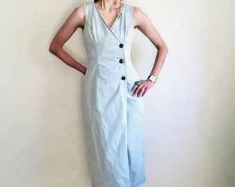 80s Vintage Denim Dress, Size Small, 90s Blue Light Wash Jean Sleeveless Crossover V Neckline Wrap Midi Sheath Minimalist