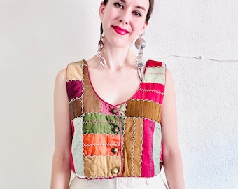 Crazy Quilt Silk Vest, Large, Vintage Antique Patchwork Patch Hand Embroidered Cropped Red Brown Boho Quilted Hippie Crop Top