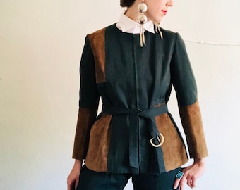 60s HERMÈS Equestrian Set, Medium, Vintage Cotton Leather Green Brown Riding Suit Chaps Jacket Mod Color Block Designer French Luxury