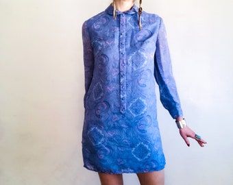 60s Psychedelic Shift Dress, Small Petite, Periwinkle Blue Paisley Mod Mini Hippie Boho Peter Pan Collar  Size Small