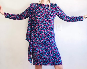 70s Printed Wrap Dress, Small Petite, Vintage 70s Blue Purple Floral Print Mini Long Sleeve Psychedelic Party Secretary