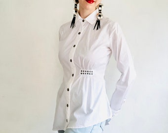 Vintage Asymmetrical Cotton Shirt, Y2K White Studded Asymmetrical Long Sleeve Collared Pleated Collared Shirt