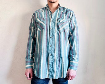 Vintage Striped Western Shirt, XL, MWG Muted Green Westernwear Pearl Snap Lightweight Cowboy Long Sleeve Collared Shirt