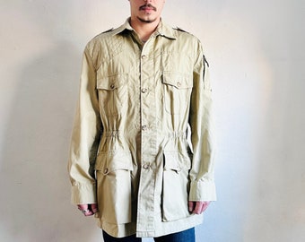 90s Vintage Hunting Jacket, XXL, Willis & Geiger Outfitters Cotton Lightweight Khaki Cargo Hunting Utility Long Sleeve Jacket