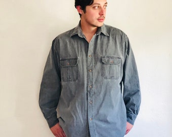 Vintage Hand Dyed Shirt, XL, 90s Cotton Gray Natural Outdoors Long Sleeve Collared Button Down Grunge