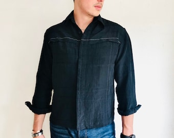90s Minimalist Dress Shirt, Large Short, Vintage Black Embroidered Textured Plaid Long Sleeve Button Down