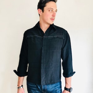 90s Minimalist Dress Shirt, Large Short, Vintage Black Embroidered Textured Plaid Long Sleeve Button Down