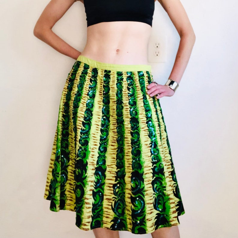 Vintage Mexican Sequin Skirt, Medium, Y2K Green Brown Sequined Striped Tourist Souvenir Circle Skirt Bright Colorful Summer image 3