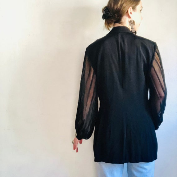 90s Sheer Sleeve Blazer, Large, 80s Vintage Black… - image 3