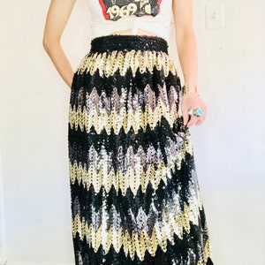 Vintage Sequin Maxi Skirt, Small, 90s 80s JACK BRYAN Black Gold Sequined Chevron Zig Zag Disco Long High Waisted Sparkly image 3