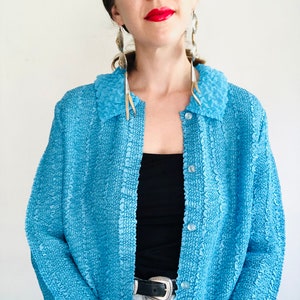 90s Turquoise Crinkle Jacket, Large, Y2K Vintage Blue Pleated Textured Peter Pan Collar Long Sleeve Blouse Shirt Lightweight image 4