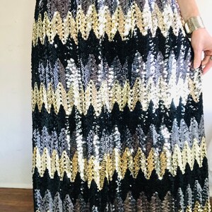 Vintage Sequin Maxi Skirt, Small, 90s 80s JACK BRYAN Black Gold Sequined Chevron Zig Zag Disco Long High Waisted Sparkly image 4