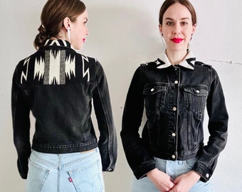 Pendleton Patch Jean Jacket, XS, Black and White Wool Cropped Southwestern Blanket Repurposed Western Denim Trucker Westernwear