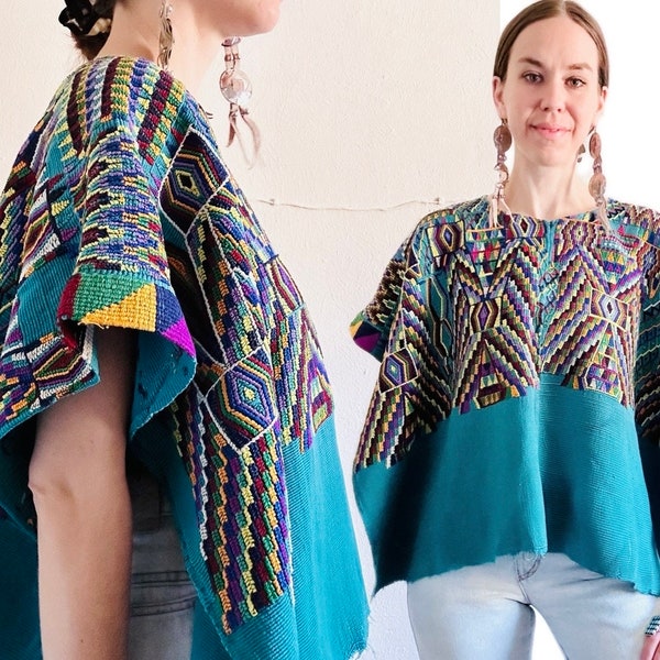 Vintage Oaxacan Huipil Blouse, One Size, Turquoise Neon Colorful Geometric Mexican Hand Embroidered Ethnic Boho Cotton Mayan Highland