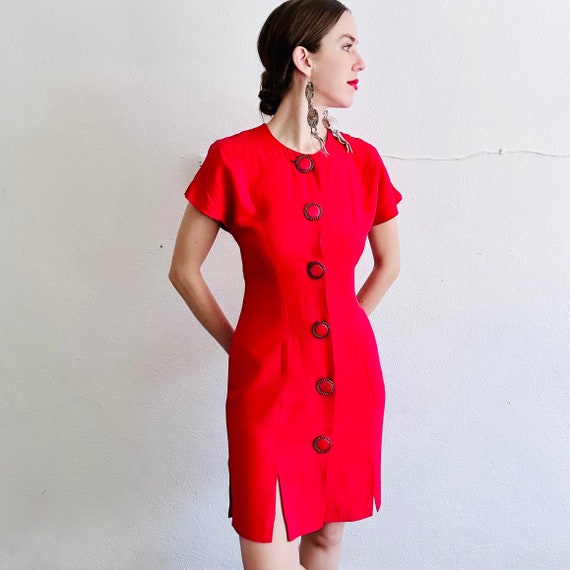 80s Vintage Red Dress, Small, Faille Button Down … - image 1