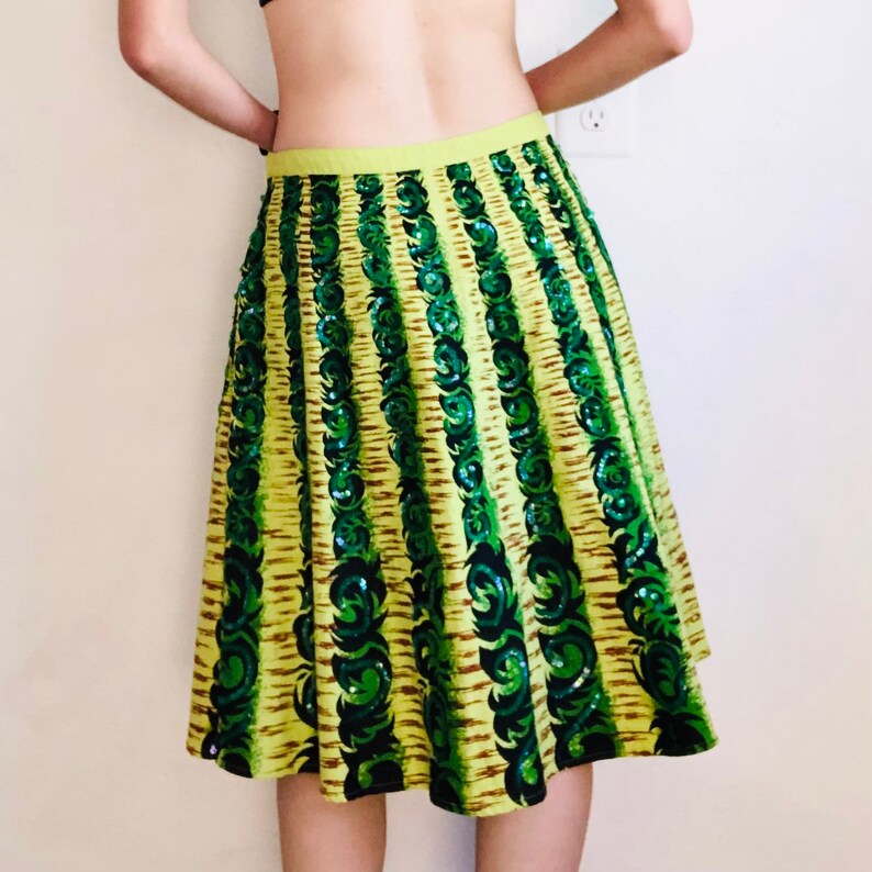 Vintage Mexican Sequin Skirt, Medium, Y2K Green Brown Sequined Striped Tourist Souvenir Circle Skirt Bright Colorful Summer image 4