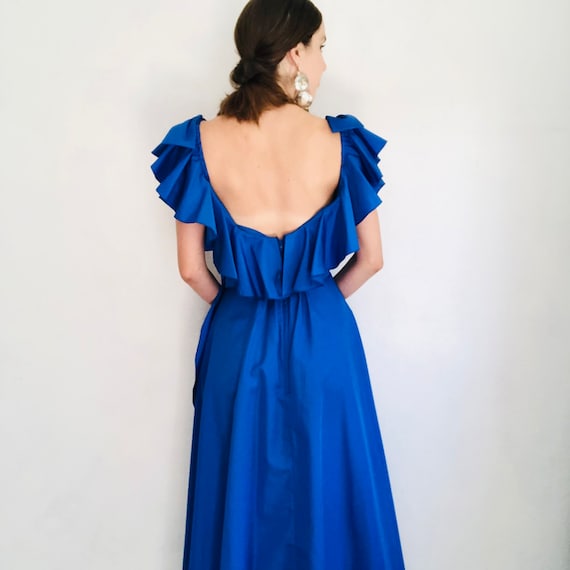 70s Ruffle Maxi Dress, Small, 60s Vintage Cobalt … - image 7