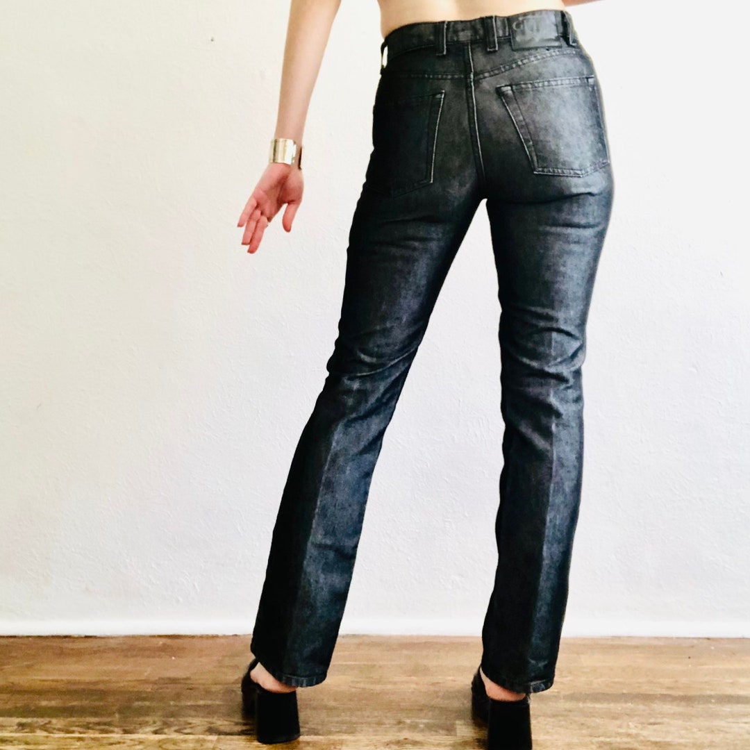 Vintage GUESS Metallic Jeans, Small, Y2K 90s Shiny Dark Gray