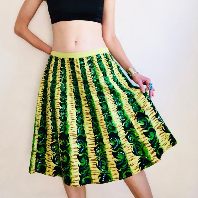 Vintage Mexican Sequin Skirt, Medium, Y2K Green Brown Sequined Striped Tourist Souvenir Circle Skirt Bright Colorful Summer image 5