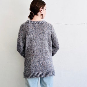 80s Vintage Oversized Sweater, Medium, Handknit Light Blue Heathered Chunky Fishermans Long Pullover Handmade image 4