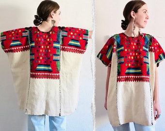 Vintage Oaxacan Huipil Blouse, One Size, Red Neon Colorful Geometric Mexican Hand Embroidered Ethnic Boho Cotton Mayan Highland