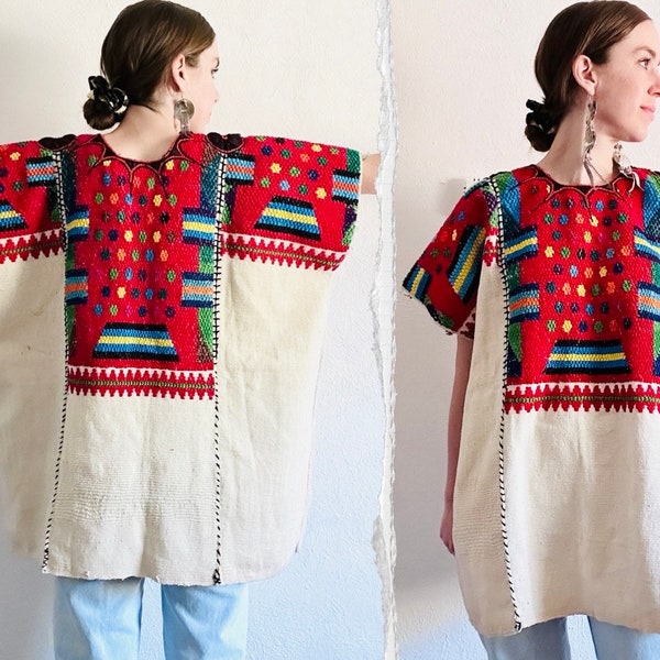 Vintage Oaxacan Huipil Blouse, One Size, Red Neon Colorful Geometric Mexican Hand Embroidered Ethnic Boho Cotton Mayan Highland