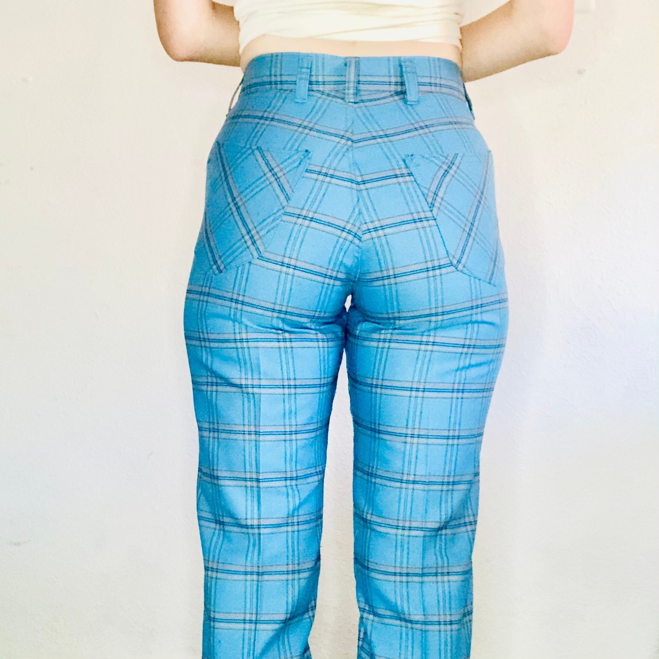 70s LEE Plaid Pants Small 60s Vintage Blue Bright High Waisted Rise Straight Leg Cowboy Western Relaxed Fit Jeans