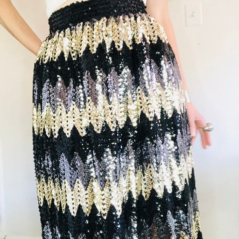 Vintage Sequin Maxi Skirt, Small, 90s 80s JACK BRYAN Black Gold Sequined Chevron Zig Zag Disco Long High Waisted Sparkly image 7