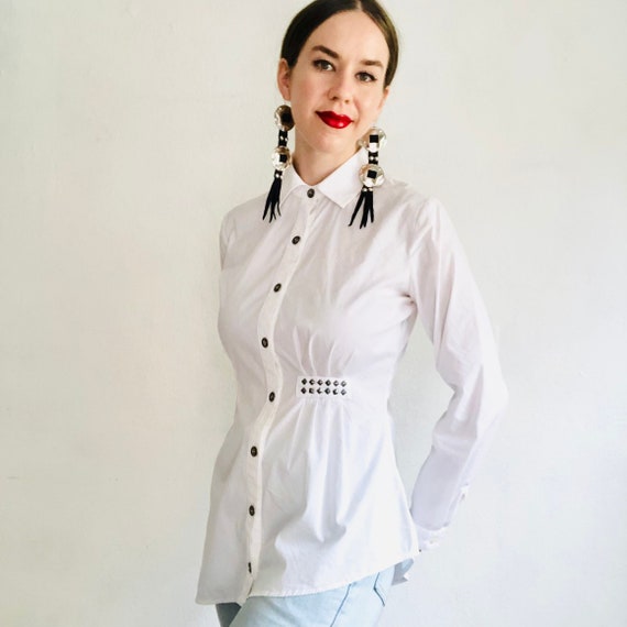 Vintage Asymmetrical Cotton Shirt, Y2K White Studded