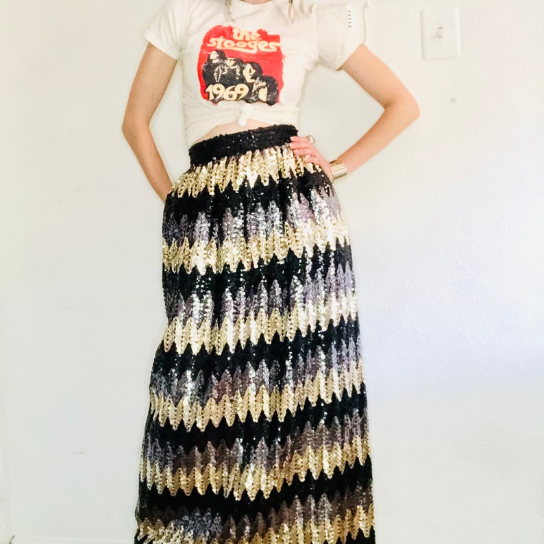 Vintage Sequin Maxi Skirt, Small, 90s 80s JACK BRYAN Black Gold Sequined Chevron Zig Zag Disco Long High Waisted Sparkly image 5