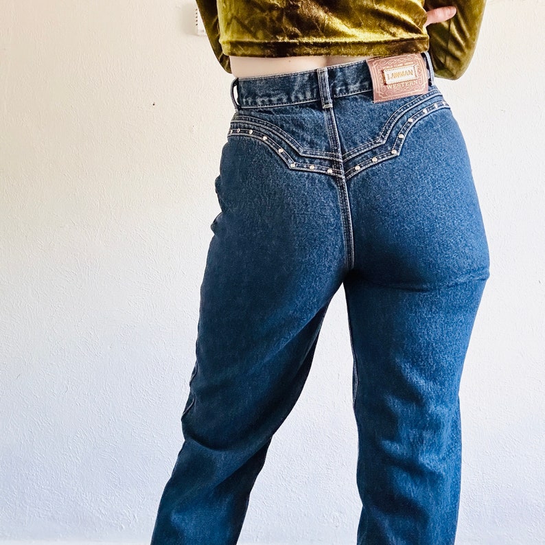 90s LAWMAN SLIM Jeans, 26 Waist, 80s Vintage Dark Blue Western Studded ...