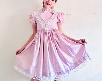 90s Vintage Sailor Dress, XS, 80s Light Pink Lace Babydoll Short Puff Sleeve Ruffle Embellished Lolita Pastel Schoolgirl Summer Cotton