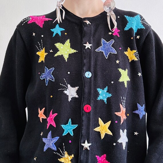 80s Colorful Star Cardigan, XLarge, Vintage Black… - image 7