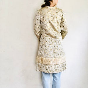 60s Faux Fur Jacket, Size XS, Vintage Mod Silver Gold Metallic Sparkly Floral Brocade Silk Collar Duster Jacket image 7