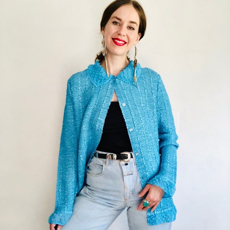 90s Turquoise Crinkle Jacket, Large, Y2K Vintage Blue Pleated Textured Peter Pan Collar Long Sleeve Blouse Shirt Lightweight image 1