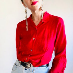 Vintage Red Silk Shirt, Small, 90s 80s Floral Brocade Jacquard Button Down Collared Long Sleeve Shirt image 2
