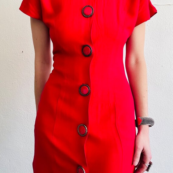 80s Vintage Red Dress, Small, Faille Button Down … - image 7