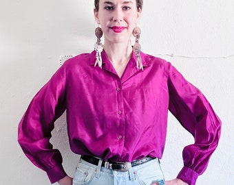 90s Vintage Silk Shirt, Large, 80s Oversized Magenta Lightweight Purple Button Down Collared Minimalist Baggy Shirt