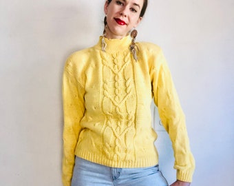 80s Yellow Cableknit Sweater, Small, 90s Vintage Cotton Blend Bright Colorful Yellow Fisherman Handknit Chunky Sweater