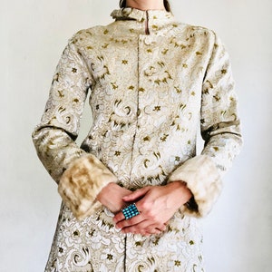 60s Faux Fur Jacket, Size XS, Vintage Mod Silver Gold Metallic Sparkly Floral Brocade Silk Collar Duster Jacket image 9