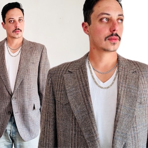 80s Vintage Western Blazer, 46R, 90s Southwestern Cowboy Business Casual Gray Textured Wool Plaid Cowboy Sports Coat Jacket