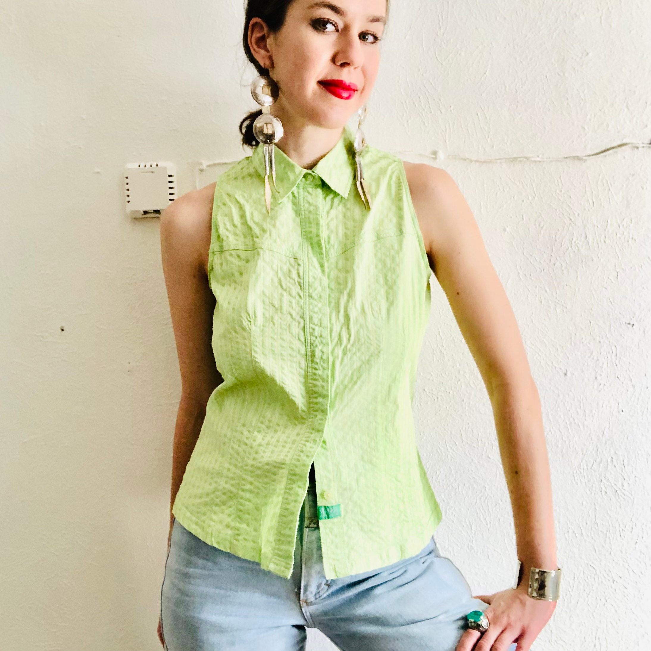 90s VERSACE Tank Top Small Vintage Neon Green Western - Etsy