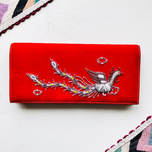 Vintage Asian Velvet Clutch, 90s Velveteen Chinese Bright Red Crane Bird Embroidered Beaded Evening Small