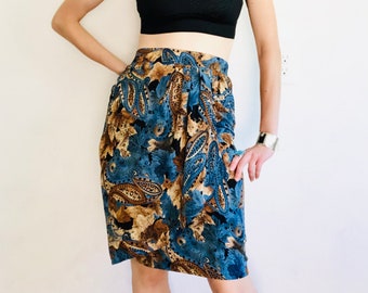 80s Silk Wrap Skirt, Small, Vintage Blue Brown Paisley Floral Print High Waisted Tulip Pleated Skirt