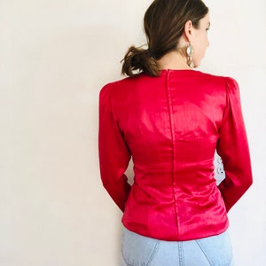 80s Vintage Satin Blouse, XS, Vintage Silky Red Ruched Gathered Cowl Neck Drapey Long Sleeve Top Shirt Puff Sleeve Evening Cocktail image 7