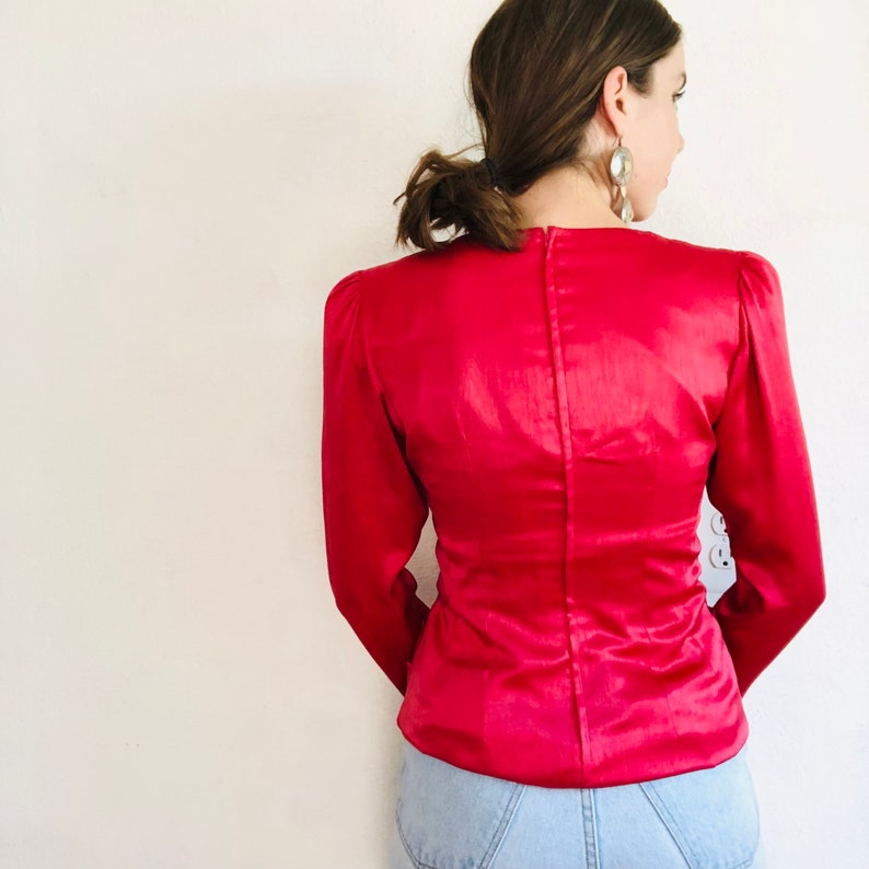 80s Vintage Satin Blouse, XS, Vintage Silky Red Ruched Gathered Cowl Neck Drapey Long Sleeve Top Shirt Puff Sleeve Evening Cocktail image 7