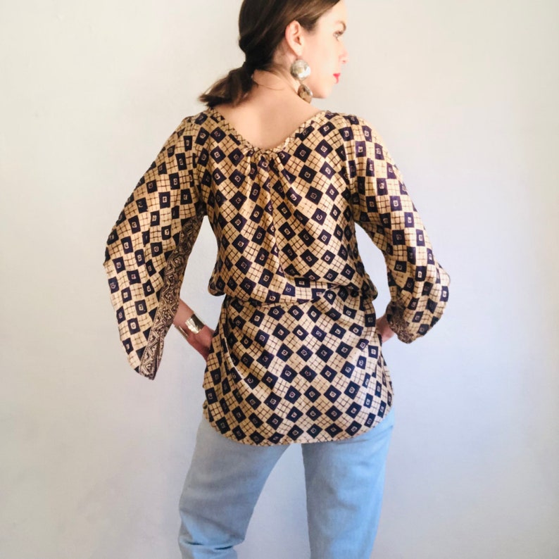 Vintage Silk Dress Tunic, Small, Y2K Block Print Tan Navy Blue Geometric Convertible Indian Indonesian Ethnic Boho Gathered Slit Sleeve Mini image 3