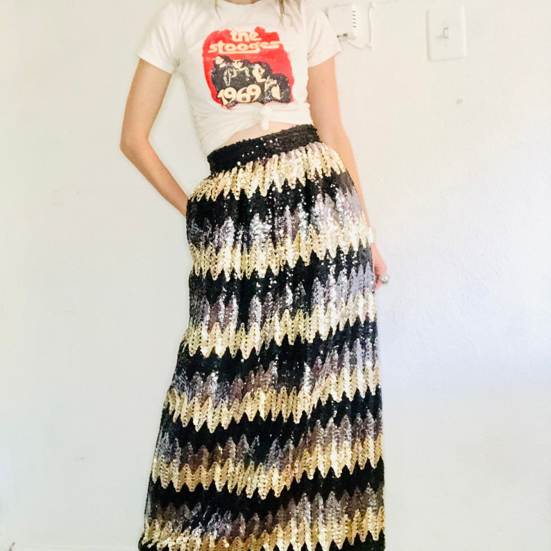 Vintage Sequin Maxi Skirt, Small, 90s 80s JACK BRYAN Black Gold Sequined Chevron Zig Zag Disco Long High Waisted Sparkly image 1