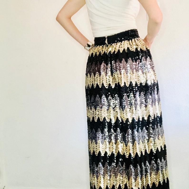 Vintage Sequin Maxi Skirt, Small, 90s 80s JACK BRYAN Black Gold Sequined Chevron Zig Zag Disco Long High Waisted Sparkly image 6